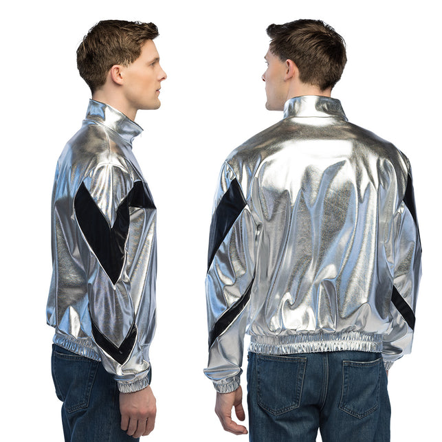 Achterzijde van het jasje Cosmic zilver met zwarte streep en geribbelde manchetten