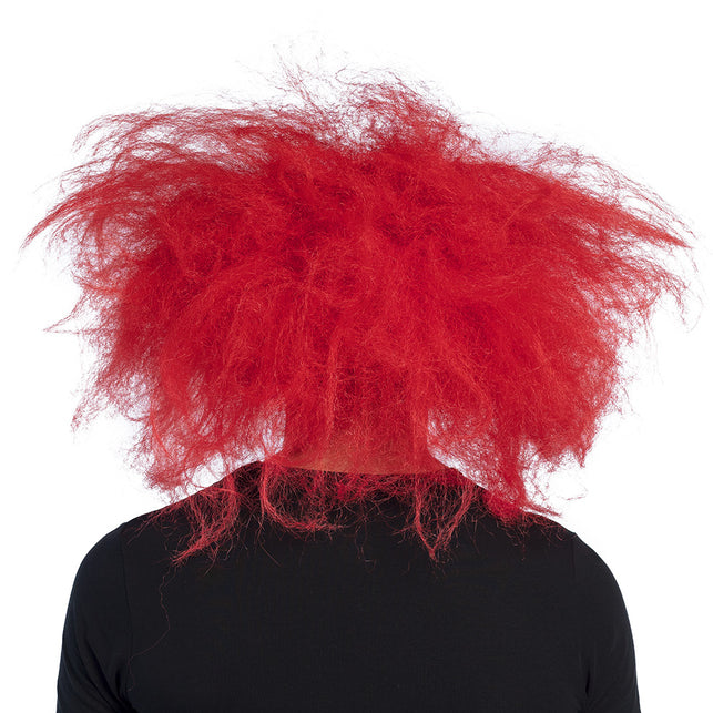 Achterzijde van het latex clownmasker met kale schedel en rondom uitstaand rood haar