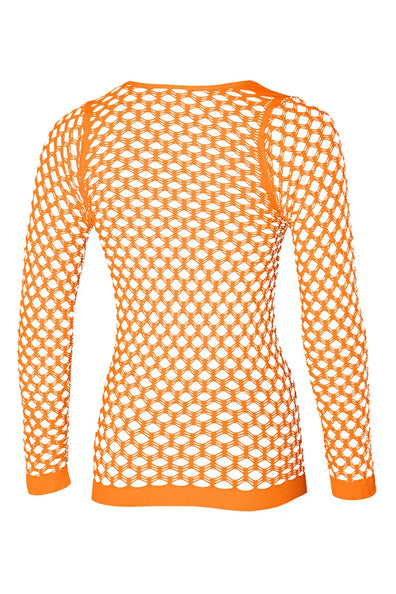 Achterzijde van het neonoranje netshirt met doorlopend netpatroon en geribde manchetten