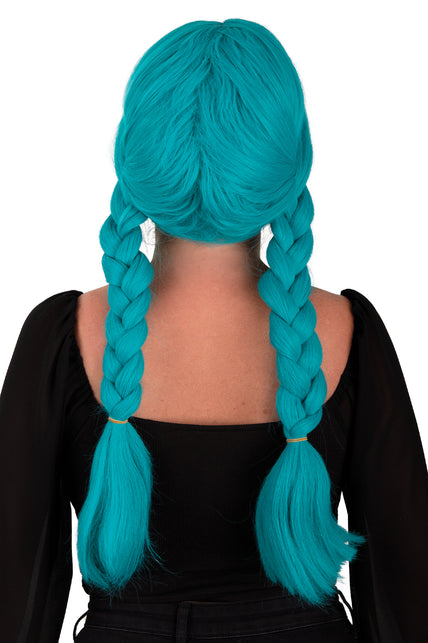 Achterzijde van de pruik Elvina turquoise met twee dikke vlechten met elastiekjes