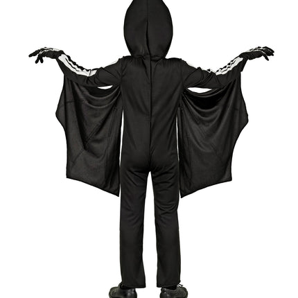 Achterzijde van het pterodactyl skelet kostuum Timo: zwarte jumpsuit met effen rug en vleugelvliezen