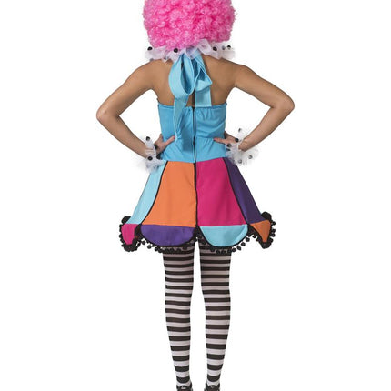 Achterzijde regenboog clown jurkje Patty met rits op de rug en rok van turquoise, oranje en roze vlakken