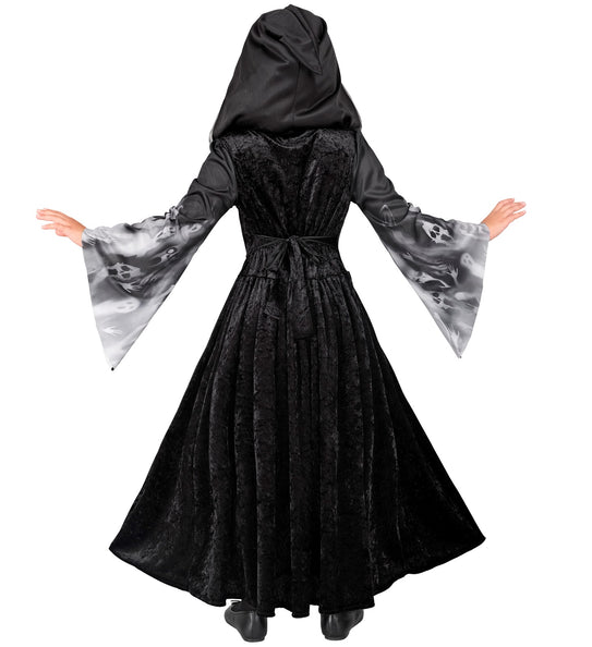 Achterzijde van de schreeuwende zielen jurk met strik op de taille en wijde klokmouwen met spookkoppen