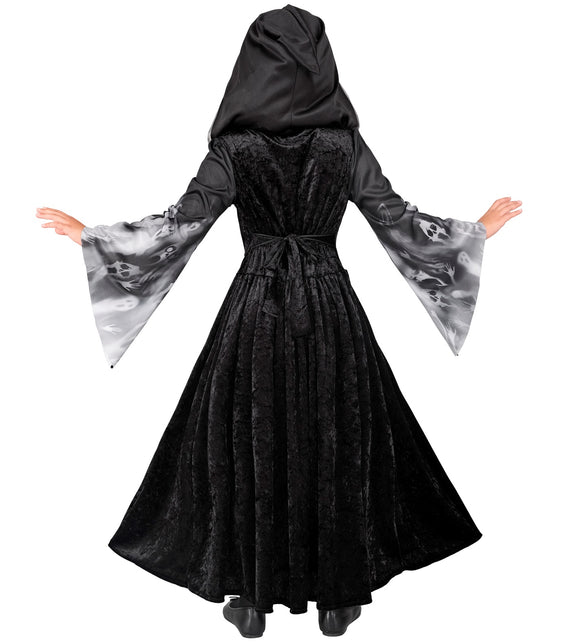 Achterzijde van de schreeuwende zielen jurk met strik op de taille en wijde klokmouwen met spookkoppen