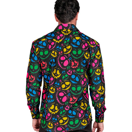 Achterzijde van het shirt grappige geesten met doorlopende geestengezichten in geel, roze en blauw