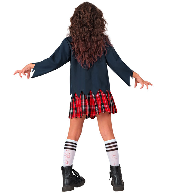 Achterzijde van het zombie schoolmeisje kostuum met ingeknipte zoom van de jas
