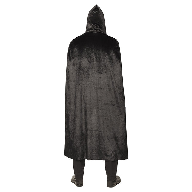 Achterzijde van de zwarte cape Darkness met puntige kap en ruim vallende rug