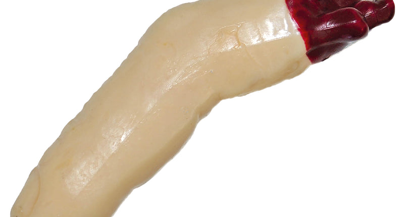 Afgerukte vinger Halloween van 7 cm in huidkleur met dieprood bloeddetail aan de afgescheurde kant