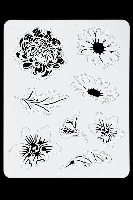 Airbrush sjabloon bloemen maat S met chrysant, margrieten, blad en knoppen in wit kunststof