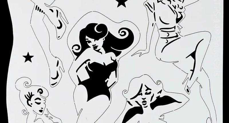 Airbrush sjabloon pin-upgirls TattooPro met vijf pin-upfiguren, strik en sterren voor een jaren 50-themafeest