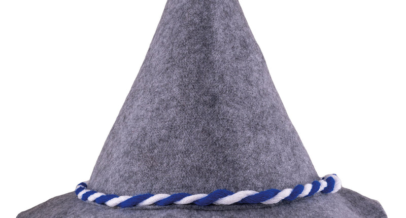 Alpenmuts Oktoberfest in grijs vilt met spitse punt en gedraaid blauw-wit koord rond de bol