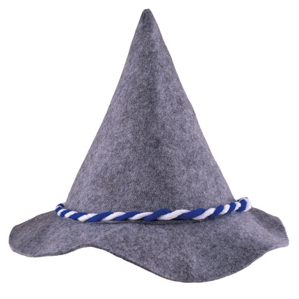 Alpenmuts Oktoberfest in grijs vilt met spitse punt en gedraaid blauw-wit koord rond de bol