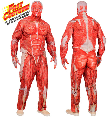 Anatomie kostuum Bente met rood spierprint, voor- en achterzijde, voor Halloween