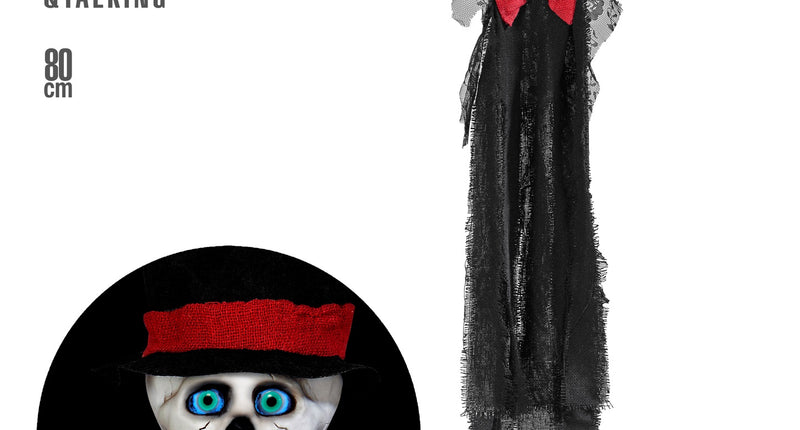 Animatie schedel bruidegom van 80 cm met zwarte hoge hoed, rode strik en gerafeld zwart gewaad, halloweendecoratie