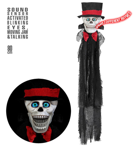 Animatie schedel bruidegom van 80 cm met zwarte hoge hoed, rode strik en gerafeld zwart gewaad, halloweendecoratie