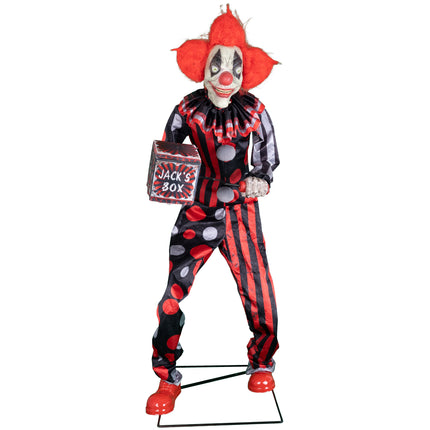 Animatronic clown Jester Jack van 175 cm met rode pruik en zwart-rood stippenpak voor Halloween