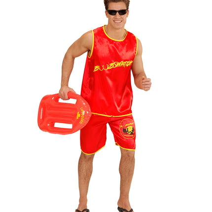 Badmeester pak Dennis met rond lifeguard-embleem op de broekspijp, gedragen op themafeest