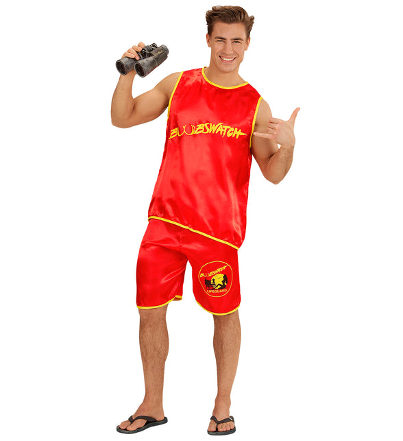 Badmeester pak Dennis in rood met gele opdruk, mouwloze top en korte broek voor heren