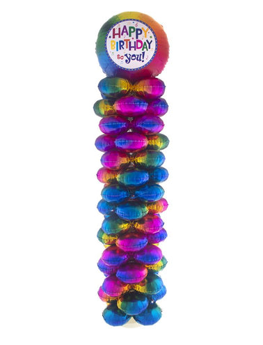 Ballonzuil happy birthday van 160 cm met zestien folieballonnen in regenboogkleuren voor een verjaardag