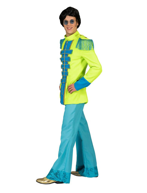 Beatles Jas in groen van opzij met staande kraag, blauwe manchetten en franje op de schouders