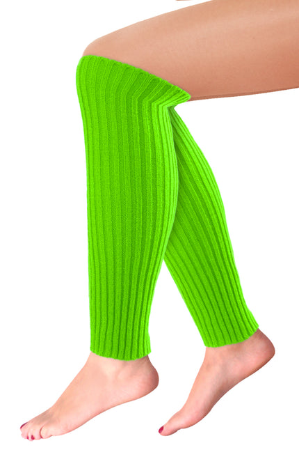Beenwarmers neon groen, geribbeld gebreid en 40 cm lang, gedragen tot over de kuit voor een jaren 80-feest