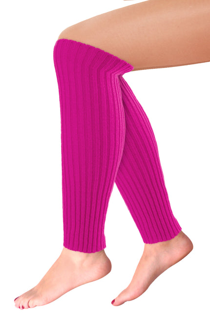 Beenwarmers neon roze ribgebreid, 40 cm lang over kuit en enkel gedragen voor een jaren 80-feest