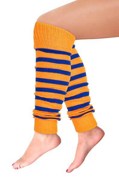 Beenwarmers oranje blauw met brede blauwe strepen en geribde boord, gedragen tot over de kuit op Koningsdag