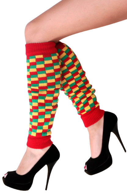 Beenwarmers rood, geel en groen geblokt met rode boorden, tot onder de knie gedragen voor carnaval