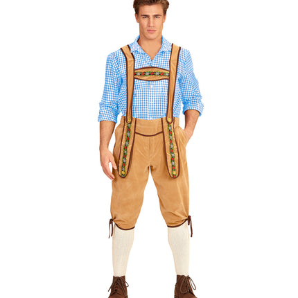 Beige Beierse kniebroek met vaste bretels, gedragen door een heer op een bierfeest