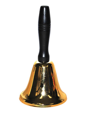 Bel kerstman in goud kleur met glanzende goudkleurige klok en zwarte houten greep voor Kerst
