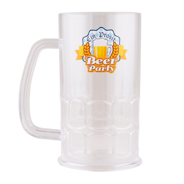 Bierpul 500 ml van transparant kunststof met Beiers Ein Prosit Beer Party-logo en breed oor