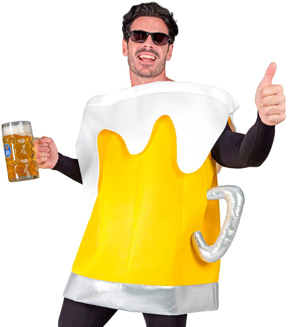 Bierpul kostuum met zilveren oor en zilveren onderrand, gedragen door heer op een bierfeest
