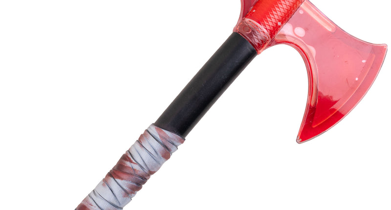 Bijl met bloed, nepbijl met doorschijnend rood blad en zwarte steel met bebloede wikkeling voor Halloween