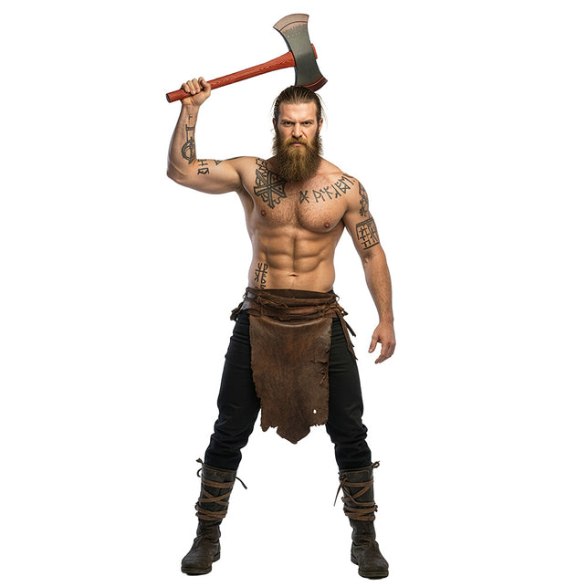 Bijl Warblade boven het hoofd geheven door een viking met baard en leren lendendoek
