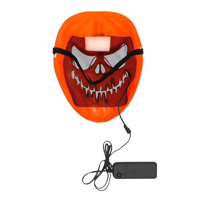 Binnenkant van het LED masker Pompoen met zwarte band, schuimkussentje en gaas achter het gezicht