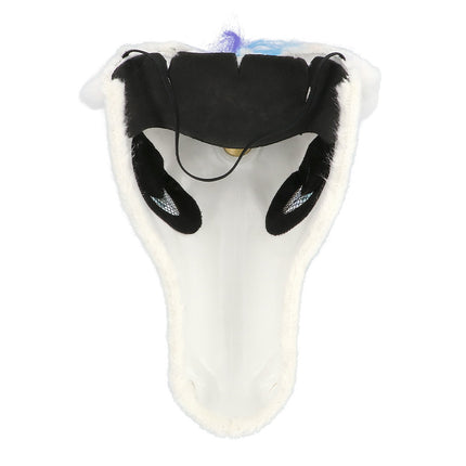 Binnenkant van het pluchen eenhoornmasker met zwart elastiek en kijkopeningen met fijn gaas