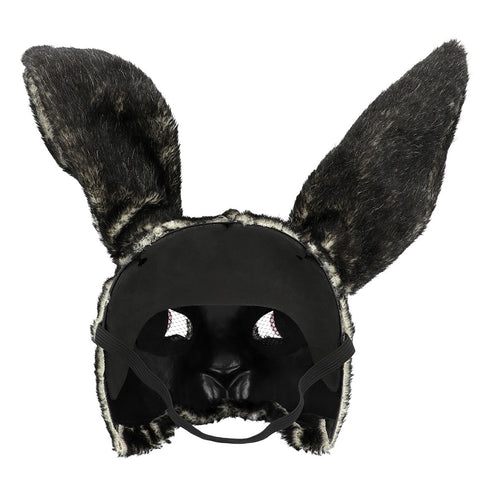 Binnenkant van pluchen konijnenmasker met gaasjes achter de oogopeningen