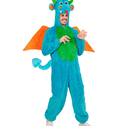 Blauw drakenkostuum Drake met capuchon in drakenkop, rode tong en pluche staart voor heren