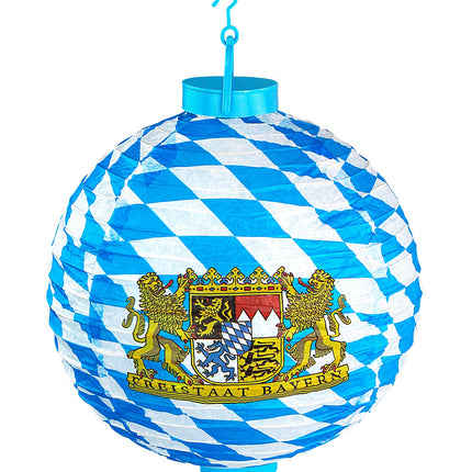 Blauw-witte Beierse ledlampion met gouden leeuwen en kroon, hangend aan kunststof haak