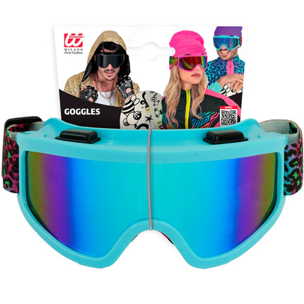 Blauwe skibril met regenbooglens in verpakking van Widmann, feestbril voor 80's-feest