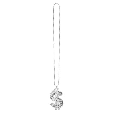 Bling ketting dollarteken zilver op volle lengte, met dunne bolletjesketting en de hanger onderaan