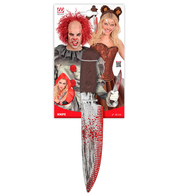 Bloederig nepmes in verpakking met maataanduiding 30 cm, horroraccessoire voor Halloween