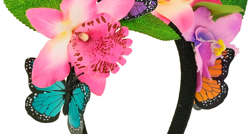 Bloemen haarband met vlinders dames, roze orchideeën, groene bladeren en zwarte band