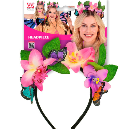 Bloemenhaarband met vlinders in verpakking, turquoise en oranje vlinders zichtbaar