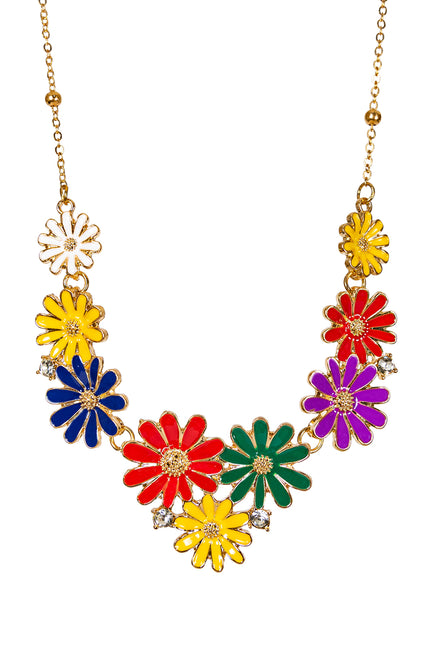 Bloemenketting meerkleurig met rode, gele, blauwe, groene en paarse bloemen aan goudkleurige schakelketting
