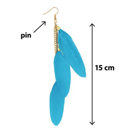 Boho veren oorbellen blauw, één oorbel van 15 cm met drie veren aan goud en zwarte kettinkjes