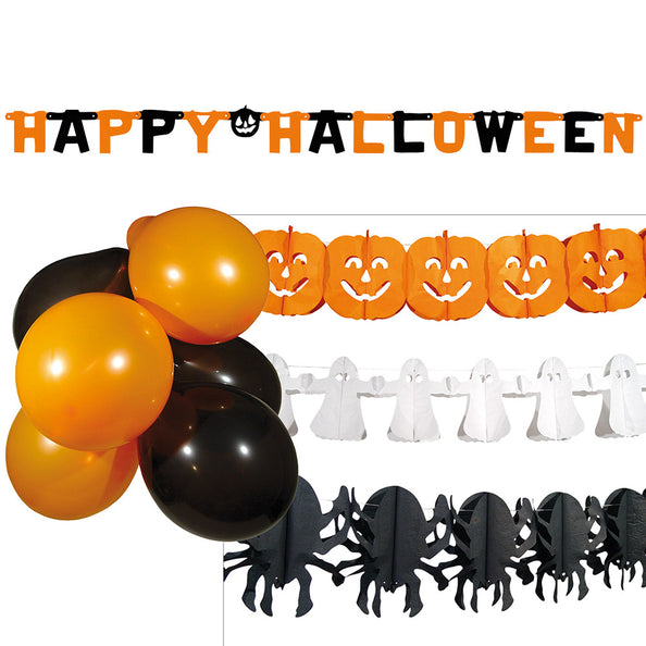Decoratieset Halloween met letterslinger HAPPY HALLOWEEN, pompoen-, spook- en spinnenslingers en oranje en zwarte ballonnen