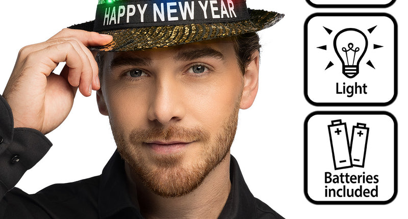 Boland Gouden LED hoed Happy New Year (met verlichting)