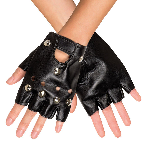 Handschoenen Biker Rocker zwart vingerloos met zilverkleurige studs en gaatjes, gekruiste handen
