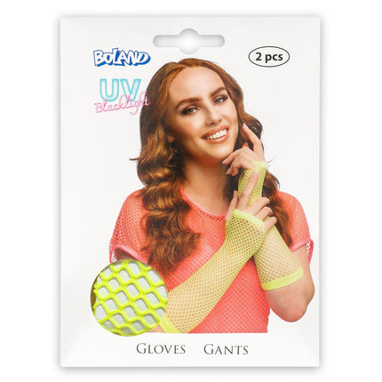 Boland Lange neongele mesh handschoenen dames (elleboog)